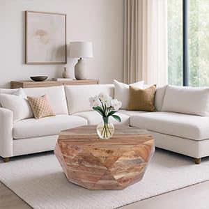 The Urban Port 33-Inch Diamond Shape Acacia Wood Coffee Table with Smooth Top, Natural Brown