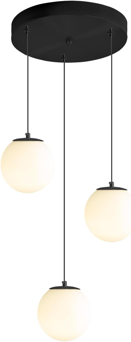 3-Lights Globe Glass Pendant Light Modern White Globe Glass Chandelier Mid Century Chandelier Black Hanging Fixture for Kitchen Island Foyer Hallway Dining Room