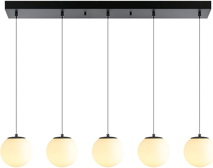 5-Lights Globe Pendant Light for Kitchen Island H 98" Black Rectangle Chandelier Milk White Glass Pendant Lighting for Living Room Bedroom Entryway