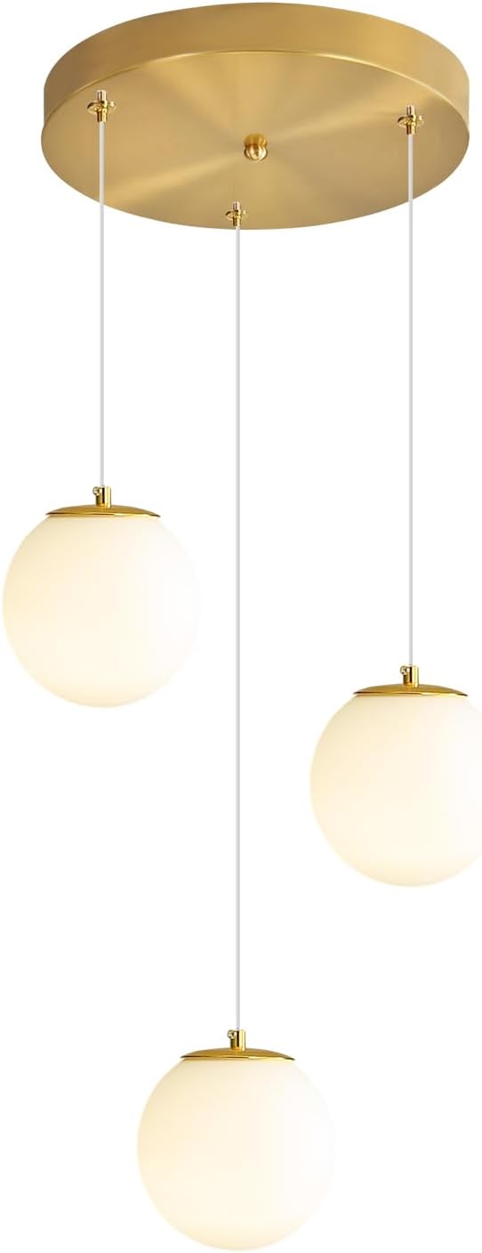 3-Lights Globe Glass Pendant Light Modern Gold White Globe Glass Chandelier Mid Century Chandelier Hanging Fixture for Kitchen Island Foyer Hallway Dining Room