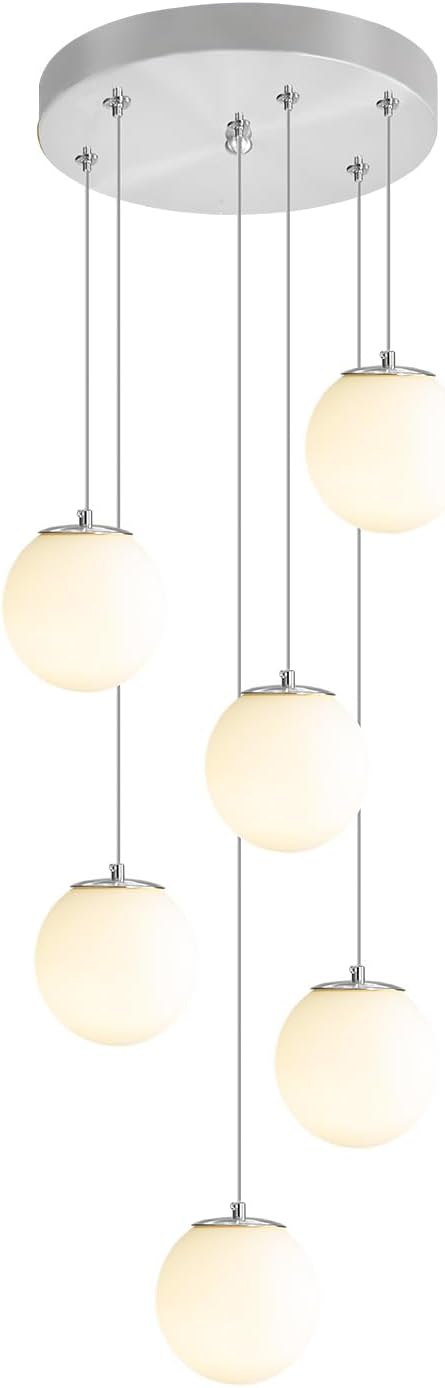 H 87in Globe Pendant Light 6-Lights Modern Hanging Chandelier for Kitchen Island Silver Globe Chandelier Milk White Glass Pendant Lighting for Living Room Bedroom Entryway