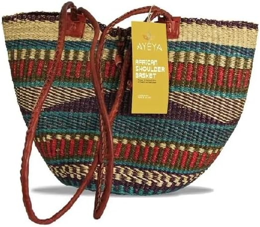 AYÉYA Handwoven African Shoulder Tote Basket – Large Market Bag with Leather Straps – One-of-a-Kind Wicker Garden, Harvest, or Shopping Basket – Handmade in Ghana