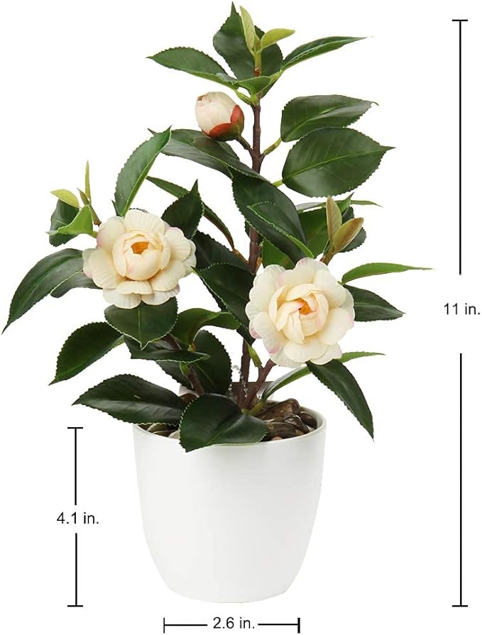 Briful Artificial Plants Mini Camellia Potted Fake Plants Small Faux Plastic Plants Desk Plant Artificial Flowers with Vase for Home Office Desk Kitchen Garden Indoor Decor