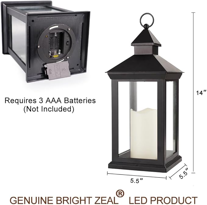 Bright Zeal 14" Tall Vintage Decorative Lantern with LED Pillar Candle - Outdoor Lantern Waterproof Lanterns - Black Lanterns with LED Candles