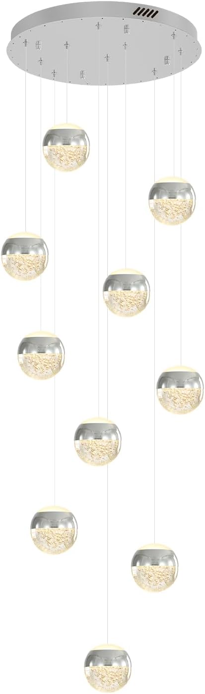 LED Staircase Chandelier Crystal Globe Pendant Light Large Chandeliers for High Ceiling,10-Lights Hanging Flush Mount Lighting Fixtures for Foyer,Entryway,Living Room