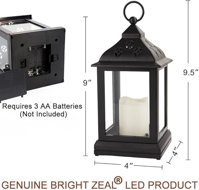 Bright Zeal 2-Pack 9.5" Vintage Decorative Candle Lantern with LED Flickering Flameless Candle (Black, 8hr Timer) - Indoor Hanging Lanterns Decorative Lanterns Battery Powered LED Candle Timer Candle
