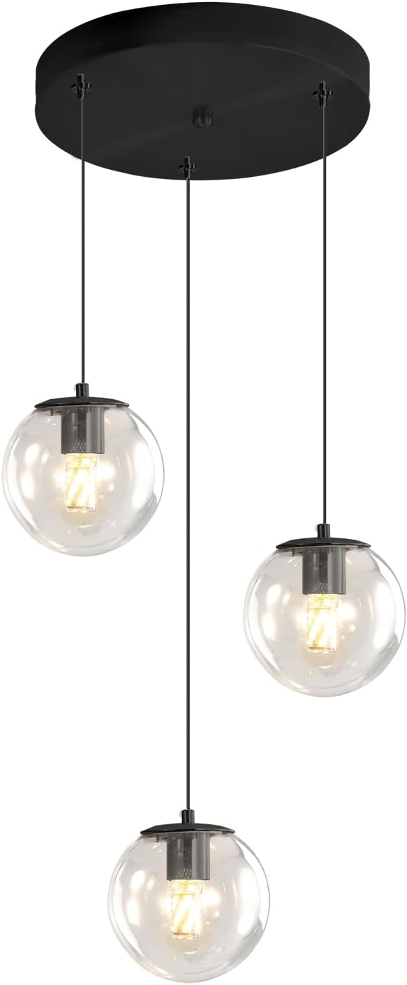 Globe Glass Pendant Light Modern Black Clear Globe Glass Chandelier Mid Century Chandelier 3-Light Hanging Fixture for Kitchen Island Foyer Hallway Dining Room