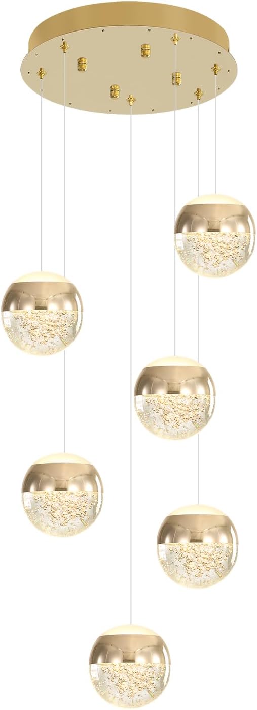6-Lights Globe Pendant Light Modern Crystal Pendant Chandelier Gold Globe Chandeliers for Kitchen Island, Hanging Light Fixture for Dinning Room Bedroom