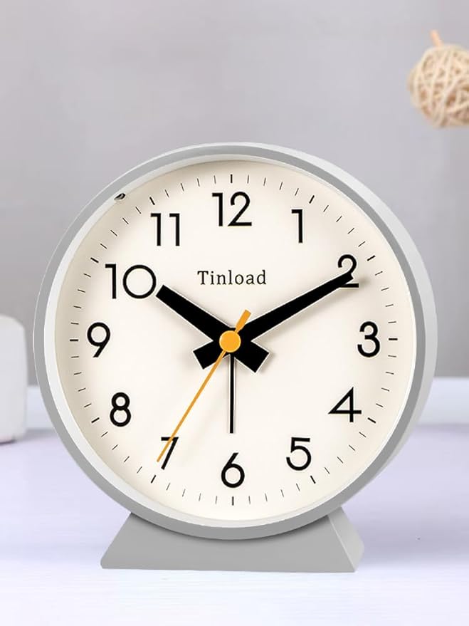 4.5" Battery Operated Antique Retro Analog Alarm Clock, Small Silent Bedside Desk Clock,Lighted on Demand, Battery Operated, Snooze, for Living Room, Bedroom, Bedside, Desk(Grey)