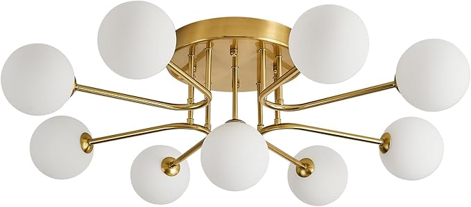 Semi Flush Mount Ceiling Light Fixture,Modern Gold Globe Sputnik Chandeliers 9-Light Mid Century Milk Glass Chandelier for Dining Room,Kitchen Island,Bedroom,Living Room,Entryway,Foyer,33 Inch