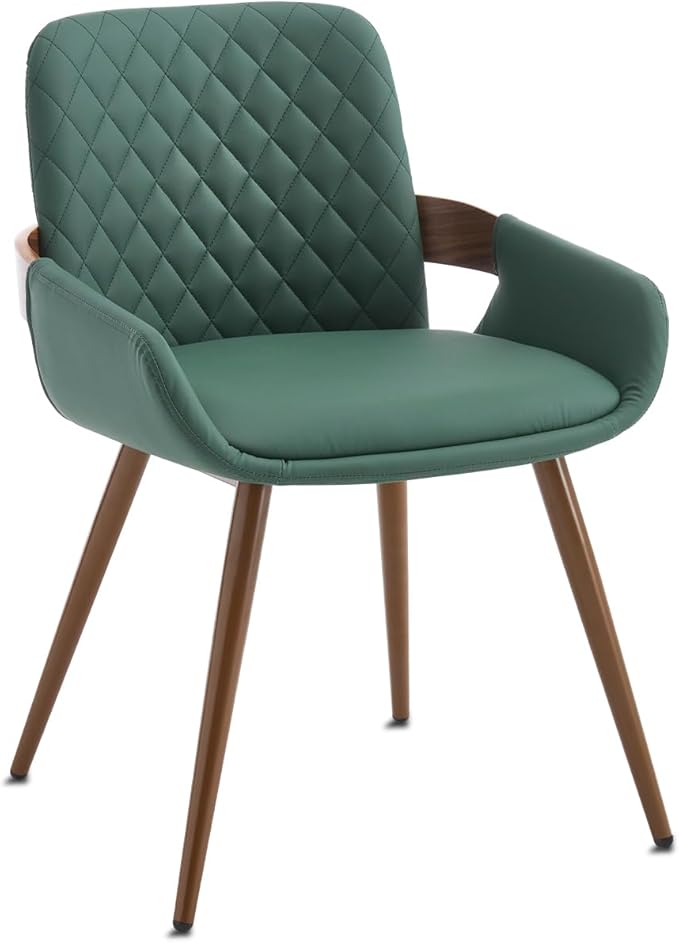 Mid Century Modern Dining Chairs Set of 2 - Faux Leather Dining Room Chairs, Upholstered Kitchen Chair with Arms and Metal Legs - Green