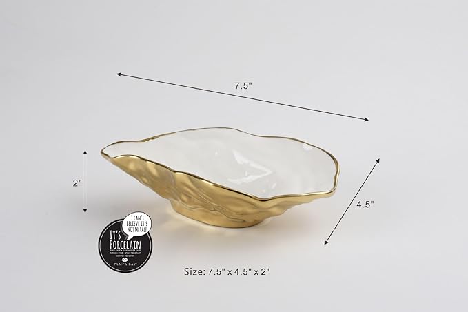 Pampa Bay Porcelain Small Oyster Bowl, 7.5 x 4.5 Inch, White/Gold Tone, Oven and Dishwasher Safe