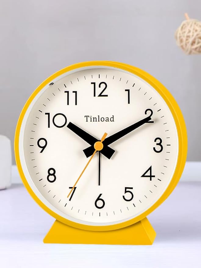 4.5" Battery Operated Antique Retro Analog Alarm Clock, Small Silent Bedside Desk Clock,Lighted on Demand, Battery Operated, Snooze, for Living Room, Bedroom, Bedside, Desk(Yellow)