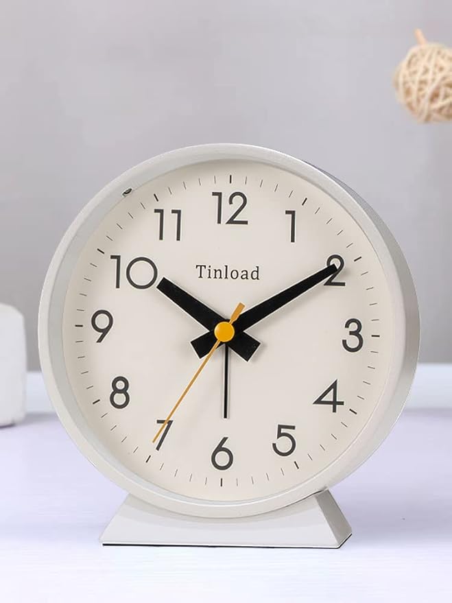 4.5" Battery Operated Antique Retro Analog Alarm Clock, Small Silent Bedside Desk Clock,Lighted on Demand, Battery Operated, Snooze, for Living Room, Bedroom, Bedside, Desk(White)