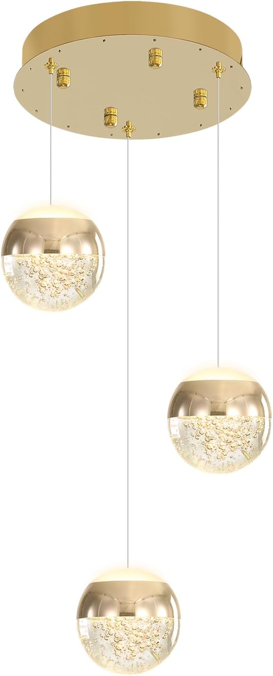 Modern Crystal Pendant Lighting Gold Globe Pendant Light Fixture, Mid Century Chandelier 3-Light Hanging Fixture for Kitchen Island,Globe Chandeliers for Dinning Room Bedroom