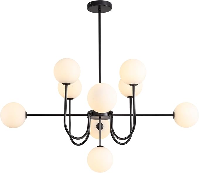 Black Chandeliers 9 Lights Modern Globe Pendant Light Hanging Ceiling Light,Mid Century Bubble Chandelier White Glass Globe Pendant Lighting for Kitchen Island,Dining Room,Bedroom,Living Room.