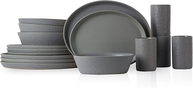 Stone Lain by Mercer Oval Stoneware 16-Piece Dinnerware Set, Light Grey