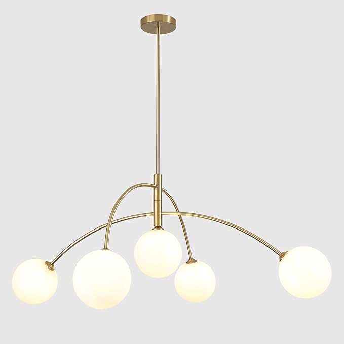 Contemporary Gold Ceiling Light 5-Light Glass Globe Lights Mid Century Modern Sputnik Chandelier for Dining Room Kitchen Bedroom Lighting Fixture