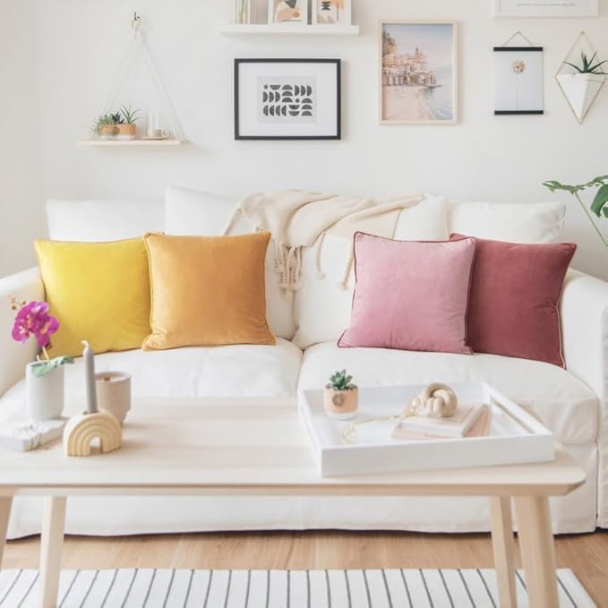 MONDAY MOOSE Decorative Throw Pillow Covers Cushion Cases, Set of 4 Soft Velvet Modern Double-Sided Designs, Mix and Match for Home Decor, Pillow Inserts Not Included (22x22 inch, Yellow/Pink)