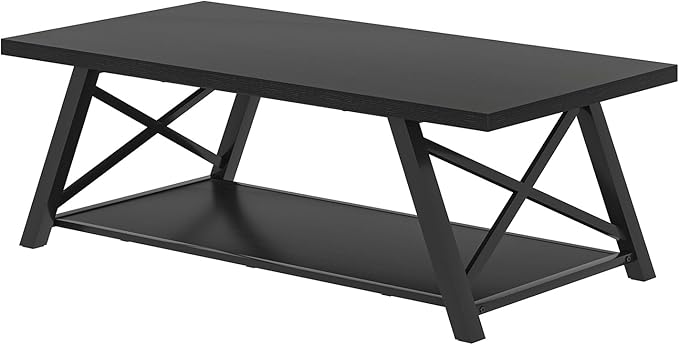 EXCEFUR Black Coffee Table, Modern Wood and Metal Center Table with Storage Shelf, Industrial Rectangle Cocktail Tea Table for Living Room, 47 Inch