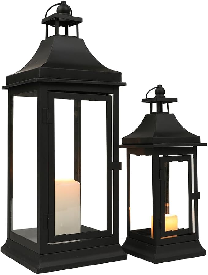 JHY DESIGN Set of 2 13''&19.5''Tall Outdoor Candle Lanterns Vintage Hanging Tower Lantern Metal Candle Holder for Garden Living Room Indoor Outdoor Parties Weddings Balcony(Black)