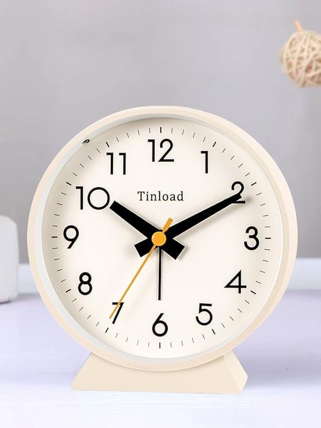 4.5" Battery Operated Antique Retro Analog Alarm Clock, Small Silent Bedside Desk Clock,Lighted on Demand, Battery Operated, Snooze, for Living Room, Bedroom, Bedside, Desk(Cream)