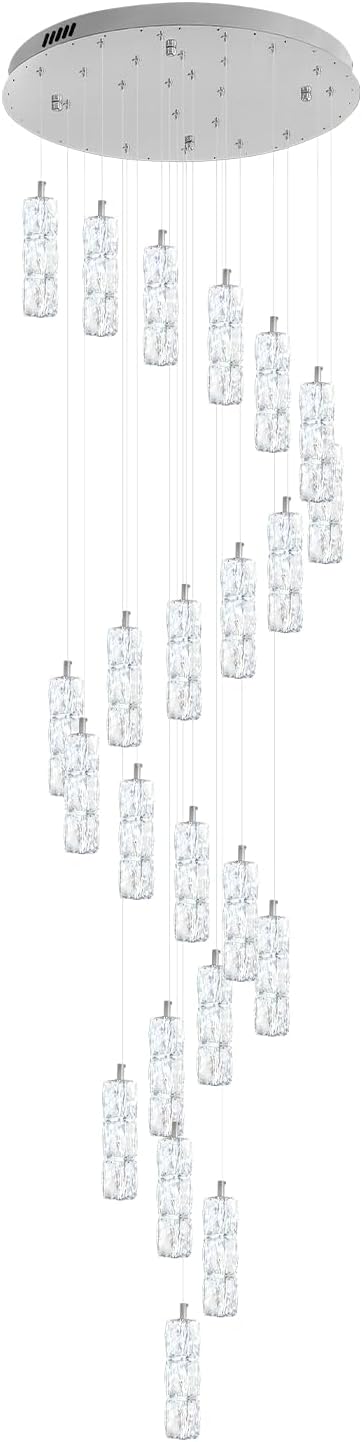 H150in High Ceiling Chandelier for Foyer Entrance 24-Light Crystal Silver Chandelier Light Fixture Large Ceiling Light for Living Room Staircase Hallway Dining Room