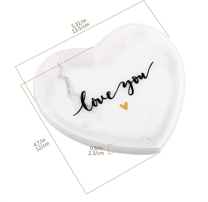Jewelry Tray Dish, Heart Shaped Ring Dish Decorative Trinket Plate with Words - Love You Romantic Gifts for Her Mom Daughter Sister Best Friend, White Marble