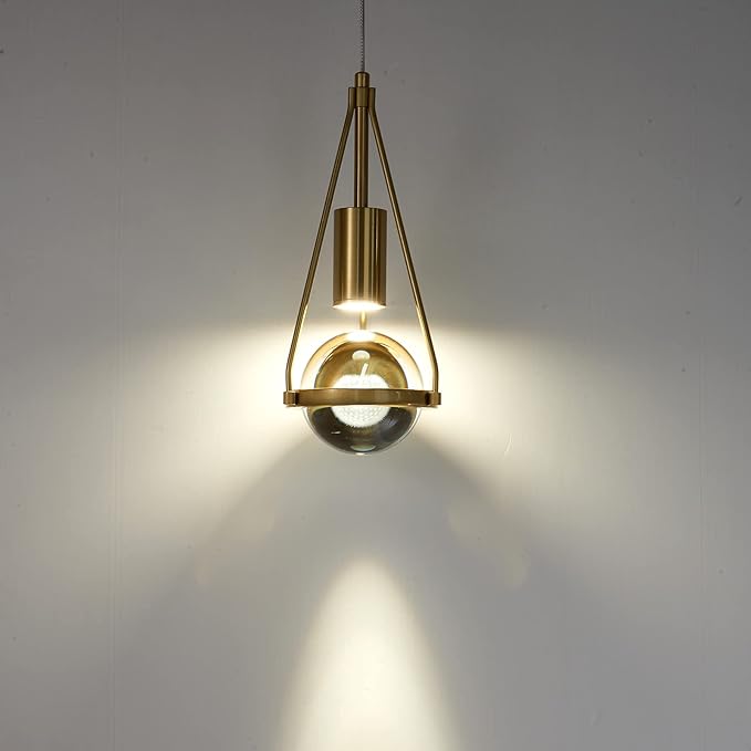 Gold Dandelion Pendant Light in Brushed Brass Finish, 1-Light Mini Globe Modern Crystal Kitchen Island Pendant Lighting Dimmable LED Hanging Ceiling Light Fixture for Bathroom Bedroom