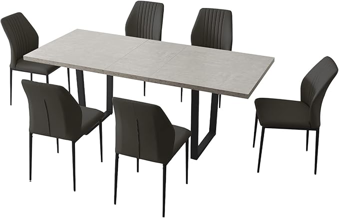 ZckyCine Modern Mid-Century Dining Table Set for 6-8 People Kitchen Dining Room Table Set Extendable Wood Dining Table and 6 Upholstered Chairs, Home Kitchen Furniture