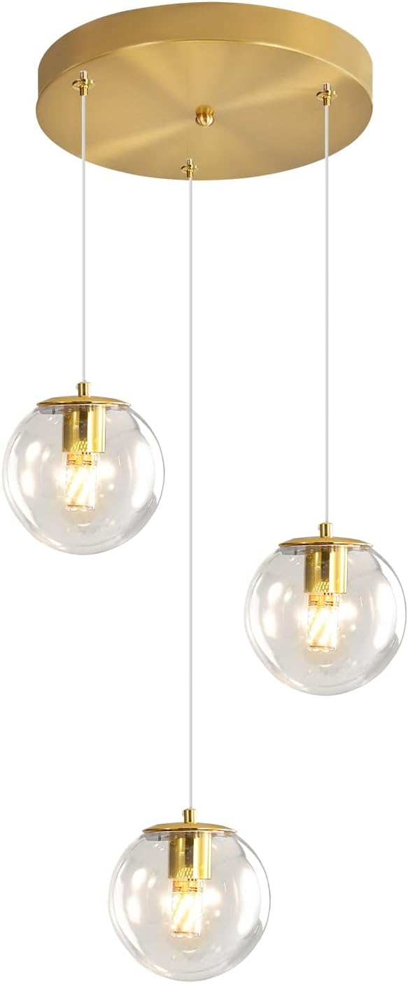 Globe Glass Pendant Light Modern Gold Clear Globe Glass Chandelier Mid Century Chandelier 3-Light Hanging Fixture for Kitchen Island Foyer Hallway Dining Room