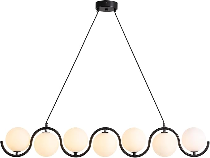 Black Chandelier 7 Light mid-Century Glass Bubble Chandeliers Globe Pendant Light Linear Dining Room Chandelier for Kitchen Island Living Room,Bedroom Room,Hallway.