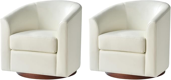 HULALA HOME Faux Leather Swivel Accent Chairs Set of 2 with Solid Wood Base, Round Swivel Barrel Chairs for Living Room and Bedroom, White