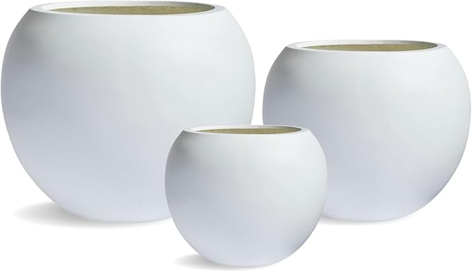 16" H x 20" D Globo Fiberstone Round Planter with Drainage Hole, Weather Resistant, Smooth Finish, Planters for Indoor Plants & Outdoor, 2 Extra Coco Mats (White, 13.5" Pot Opening)