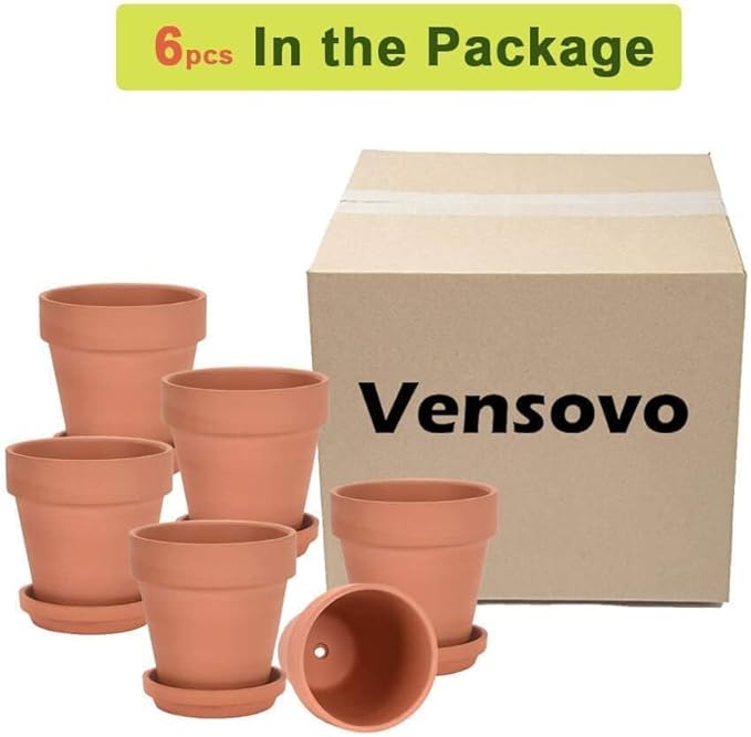 vensovo Terra Cotta Pots with Saucer - 6 Pack 5 Inch Clay Pot Ceramic Pottery Planter Cactus Flower Pots Succulent Pot Drainage Hole, Great for Plants, Crafts and Wedding Favor
