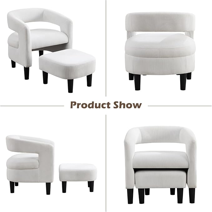 INZOY Modern Accent Chair with Ottoman for Small Space, Club Chair with Ottoman Set, Comfy Fabric Barrel Reading Chairs for Living Room Bedroom, Round Reading Chair with Foot Rest, White