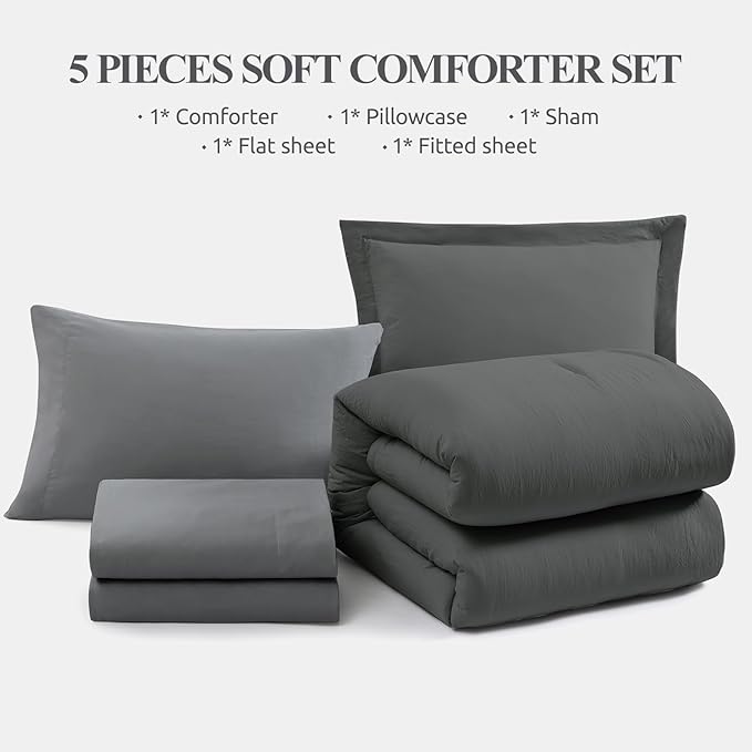 WRENSONGE Twin Comforter Set- 5 Pieces Grey Bed in a Bag, All Season Twin XL Bedding Sets with 1 Fitted Sheet, 1 Flat Sheet, 1 Pillow Sham and 1 Pillowcase