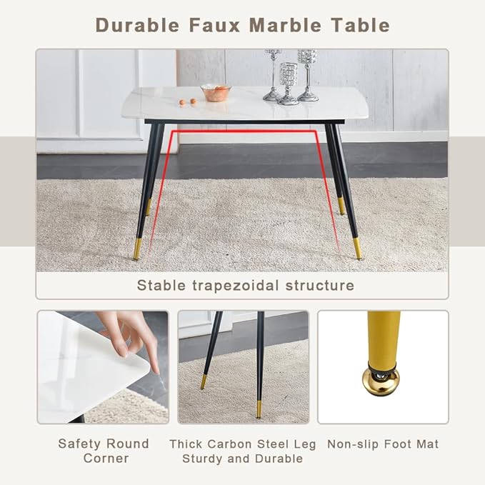50" White Sintered Stone Dining Table Set for 4 Modern Faux Marble Dining Table with 4 Upholstered PU Leather Chair Dining Room Table Set for Kitchen Apartment(1White Table+4White &Gray Chairs)