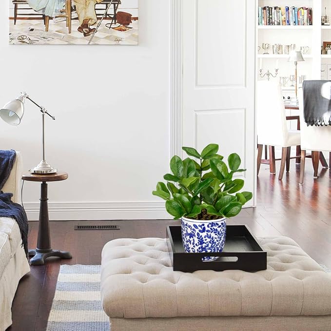 Briful Faux Plants Indoor 11.8in Fake ZZ Silk Plant in Blue and White Ceramic Pot Realistic Artificial Tropical Plant for Home Office Room Kitchen Shelf Decor