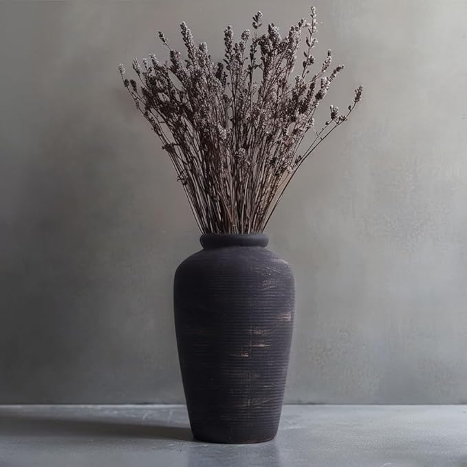 Handmade Black Vase - 11" Tall Large Ceramic Rustic Vase, Black Vintage Decorative Vase, Farmhouse Black Vase for Home Decor, Living Room, Shelf Decor, Enterway, Table, Fireplace Decoration