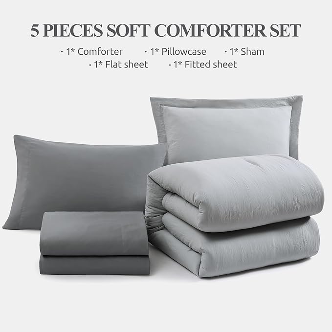 WRENSONGE Twin Comforter Set- 5 Pieces Light Grey Bed in a Bag, All Season Twin XL Bedding Sets with 1 Fitted Sheet, 1 Flat Sheet, 1 Pillow Sham and 1 Pillowcase