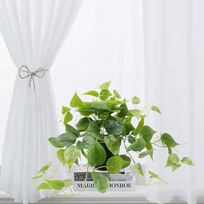 LOYWREE Artificial Scindapsus Aureus Fake Pothos Plants in Black Pots - Realistic Faux Indoor Greenery for Home, Office, Desk, Shelf, Living Room, Bedroom, Balcony, Patio & Garden Decor