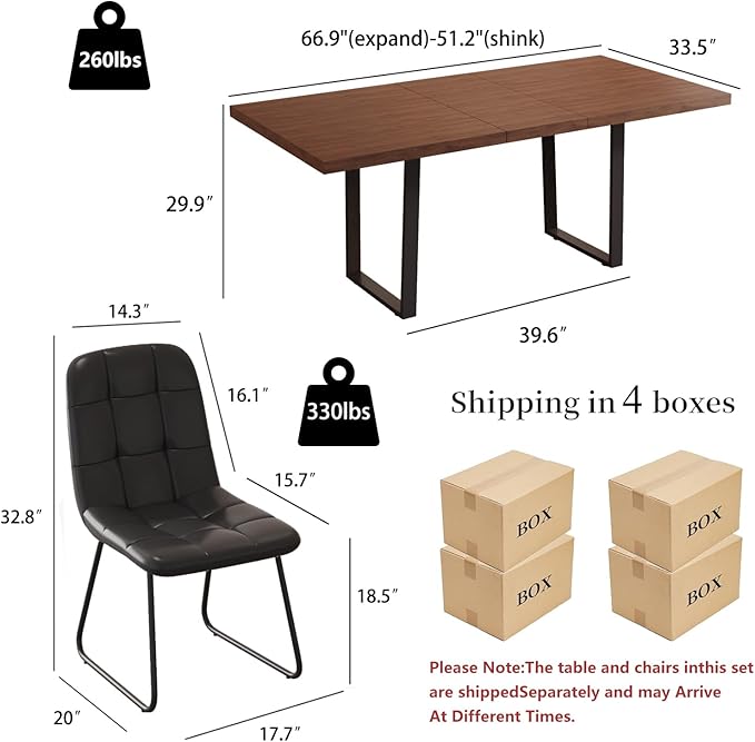ZckyCine 67" Expandable Walnut Dining Table with 6 PU Leather Chairs, 7-Piece Modern Dining Set, Sturdy Metal Legs, Adjustable 51"-67" Rectangle Table for Kitchen & Dining Room