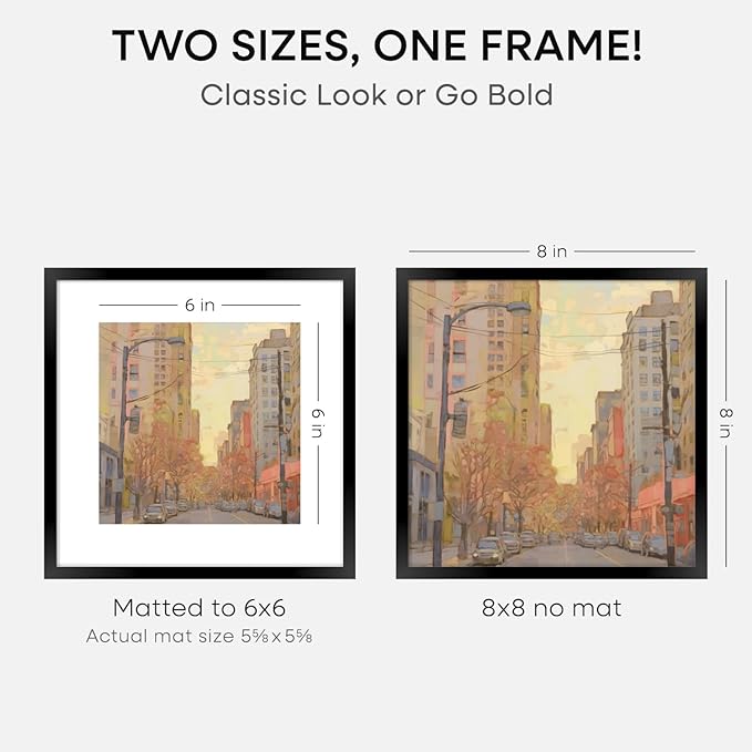 Homeforia 8x8 Black Picture Frame, High End Metal 8 x 8 Square Photo Frames with Mat 6 by 6, 8x8 Poster Frame Matted to 6x6 inch Print, 8by8 Wall or Tabletop Frames, Tempered Glass, Wall Kit, Set of 3