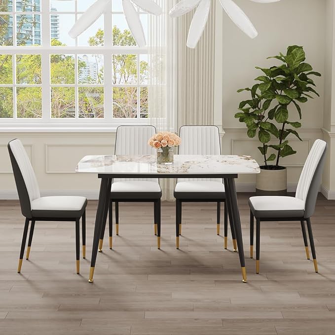 50" Modern Sintered Stone Dining Table Set 5 Pieces Rectangular Faux Marble Kitchen Table with 4 PU Leather Chair Dinner Set(1Faux Marble Table+4White Gray Chairs)