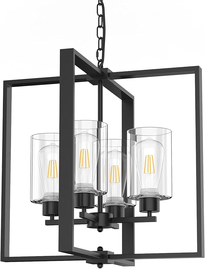 4-Light Farmhouse Chandelier Light Fixture, 18in Black Dining Room Chandeliers with Glass Shade Modern Lighting Fixtures Ceiling Pendant Lamp for Kitchen Island Entrance Foyer Living Room