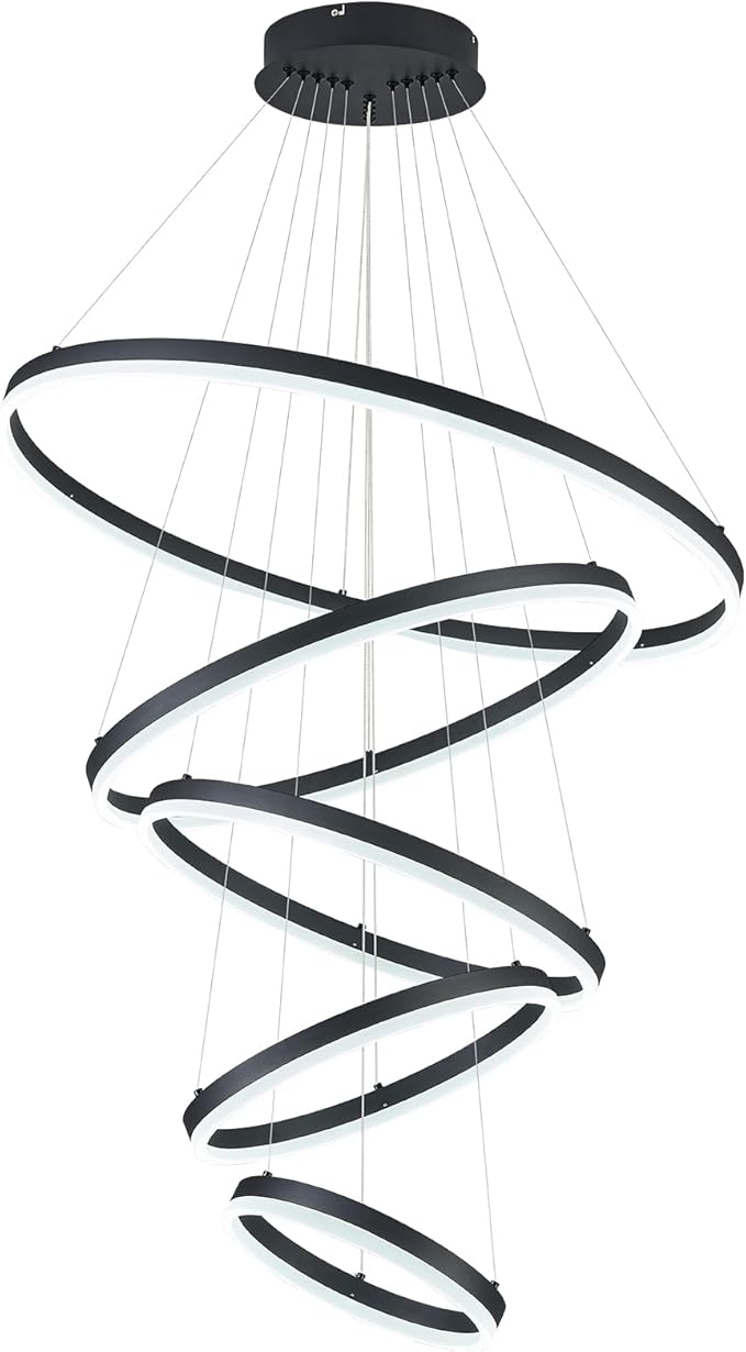 5-Rings D31.5’’ Modern LED Chandelier Black Dimmable High Ceiling Chandeliers Foyer with Remote Control for Entryway Living Room Dining Room Staircase, 3000K-6500K