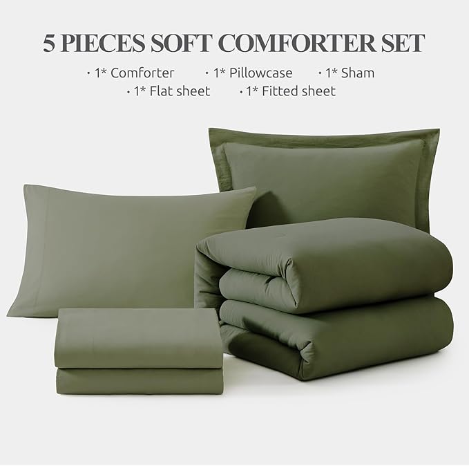WRENSONGE Olive Green Twin XL Comforter Set, 5 Pcs Soft Dark Green Comforter Set - Twin Comforter, Fitted Sheet, Flat Sheet, 2 Pillow Shams, 2 Pillowcases, Warm Bedding Set All Season