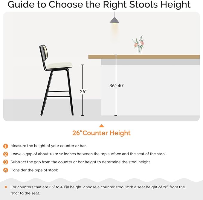 Counter Height Bar Stools Set of 3, 26" PU Leather Upholstered Rattan Barstools, Mid Century Modern Bar Chairs with Black Wood Legs, Armless Walnut Kitchen Island Dining Bar Chair, White