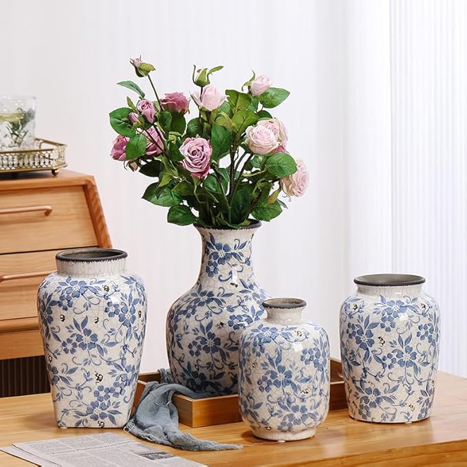 Denique Vintage Blue and White Porcelain Vase Ceramic Vase for Home Decor, Retro Crack Blue Flower Vase Pottery Vase Chinoiserie Decor Rustic (6.3x9.8inch)